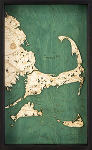 Cape Cod serving tray made using green and natural wood on black background