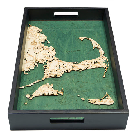 Cape Cod serving tray made using green and natural wood on white background