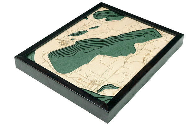 Crystal Lake, Michigan wood chart map made using green and natural colored wood on white background with dark frame laying flat