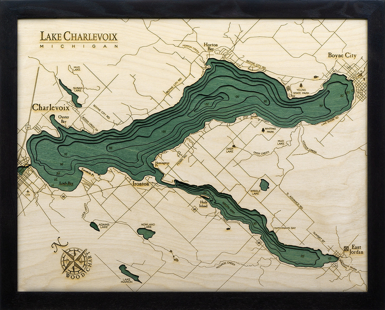 Lake Charlevoix, Michigan 3-D Nautical Wood Chart, Small, 16" x 20"