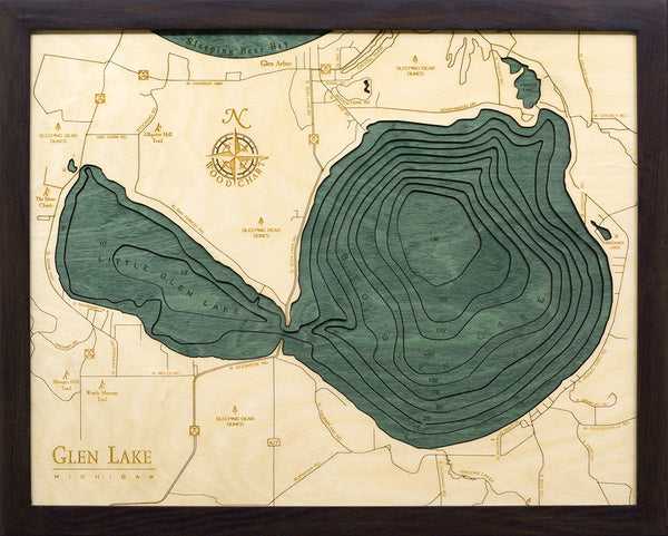 Glen Lake, Michigan wood chart map made using green and natural colored wood on black background with dark frame