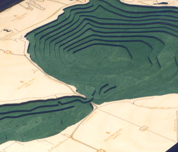 Glen Lake, Michigan wood chart map made using green and natural colored wood up close