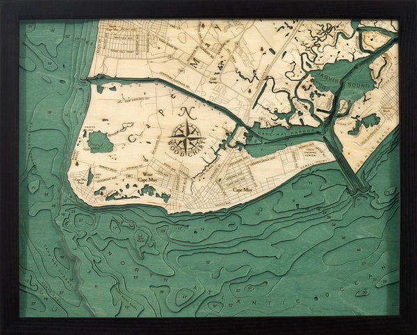 Cape May, New Jersey wood chart map made using dark green and natural wood on white background
