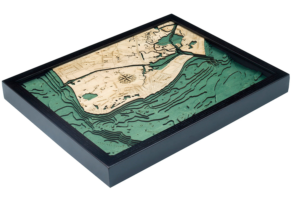 Cape May, New Jersey wood chart map made using dark green and natural wood on white background laying flat