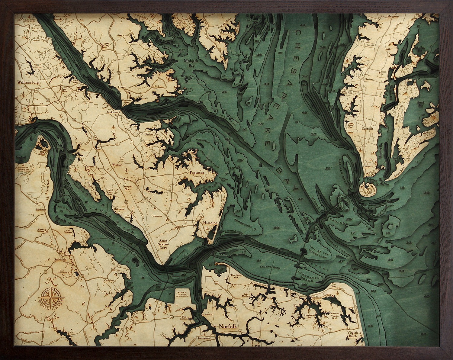 Norfolk, Virginia Map 3-D Nautical Wood Chart
