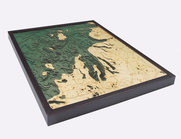 Northwest Lower Michigan 3-D Nautical Wood Chart Map in Dark Brown Frame