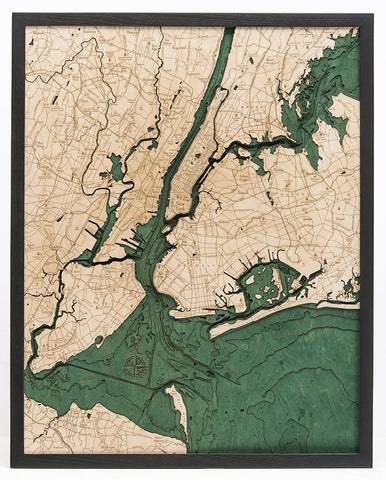 5 boroughs of new york 3-d wood chart in black frame on white background