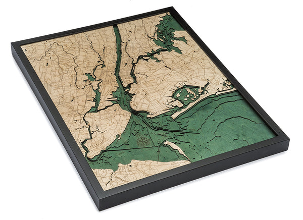 5 boroughs of new york 3-d wood chart in black frame on white background lying on table
