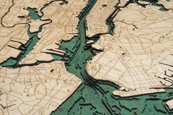 5 boroughs of new york 3-d wood chart zoomed in