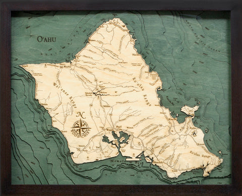 Map of Oahu, Hawaii 3-D Nautical Wood Chart