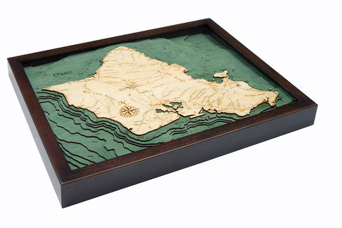 Map of Oahu, Hawaii 3-D Nautical Wood Chart in Dark Brown Frame