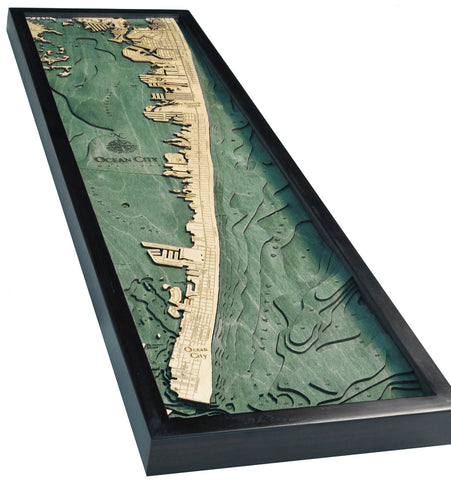 Ocean City, Maryland Map 3-D Nautical Wood Chart in Dark Brown Frame