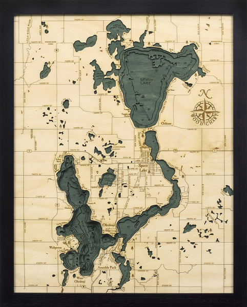 Lake Okoboji / Spirit Lake, Iowa 3-D Nautical Wood Chart, Small, 16" x 20"