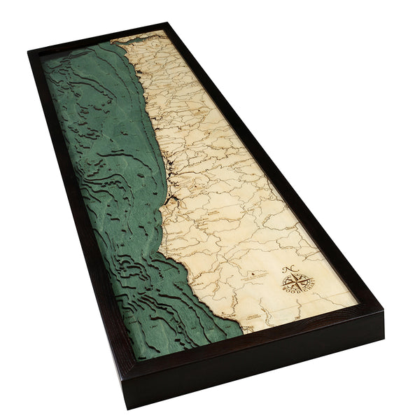 The Oregon Coast Map 3-D Nautical Wood Chart in Dark Brown Frame