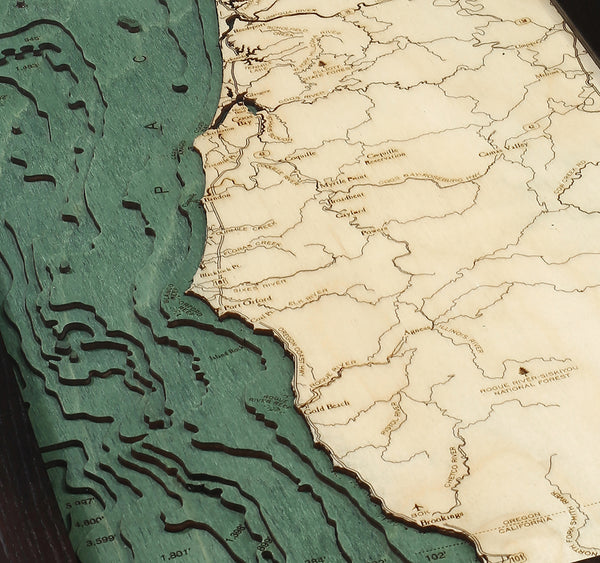 Topography Details of The Oregon Coast Map 3-D Nautical Wood Chart