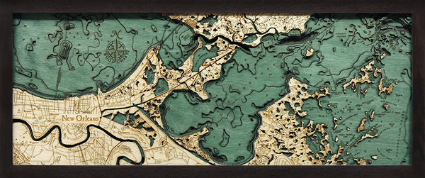 New Orleans, Louisiana Map 3-D Nautical Wood Chart in Dark Brown Frame