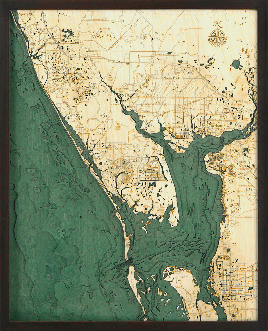 Charlotte Harbor, Florida wood chart map made using green and natural wood on black background with dark colored frame