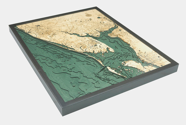 Charlotte Harbor, Florida wood chart map made using green and natural wood on white background with dark colored frame laying flat