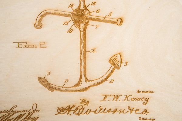 Engraved Details on Laser Cut Wood Patent Anchor Art