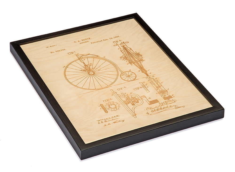 Laser Engraved Wood Bicycle Patent Art in Frame