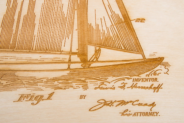 Wood Engraved Details of Sailboat Patent Art