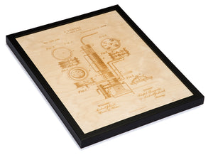 Laser Cut Wood Alcohol Still Patent Art in Dark Frame