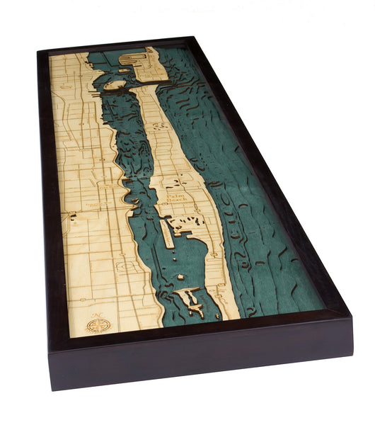 Palm Beach, Florida 3-D Nautical WoodChart Map in Dark Frame