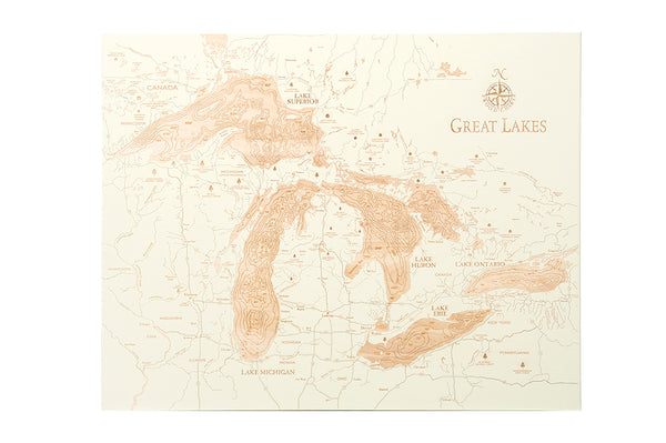 Great Lakes baltic birch wood map on white background