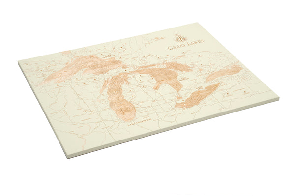 Great Lakes baltic birch wood map on white background laying flat