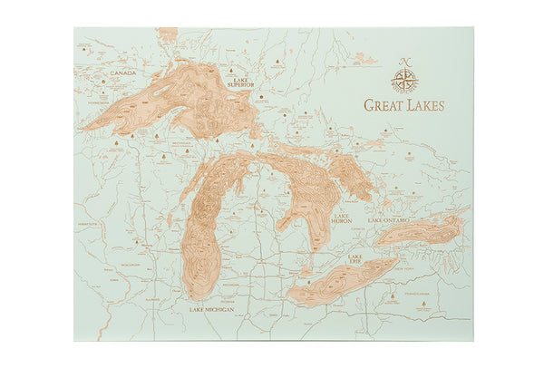 Great Lakes baltic birch wood map on white background