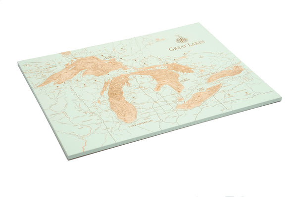 Great Lakes baltic birch wood map on white background laying flat