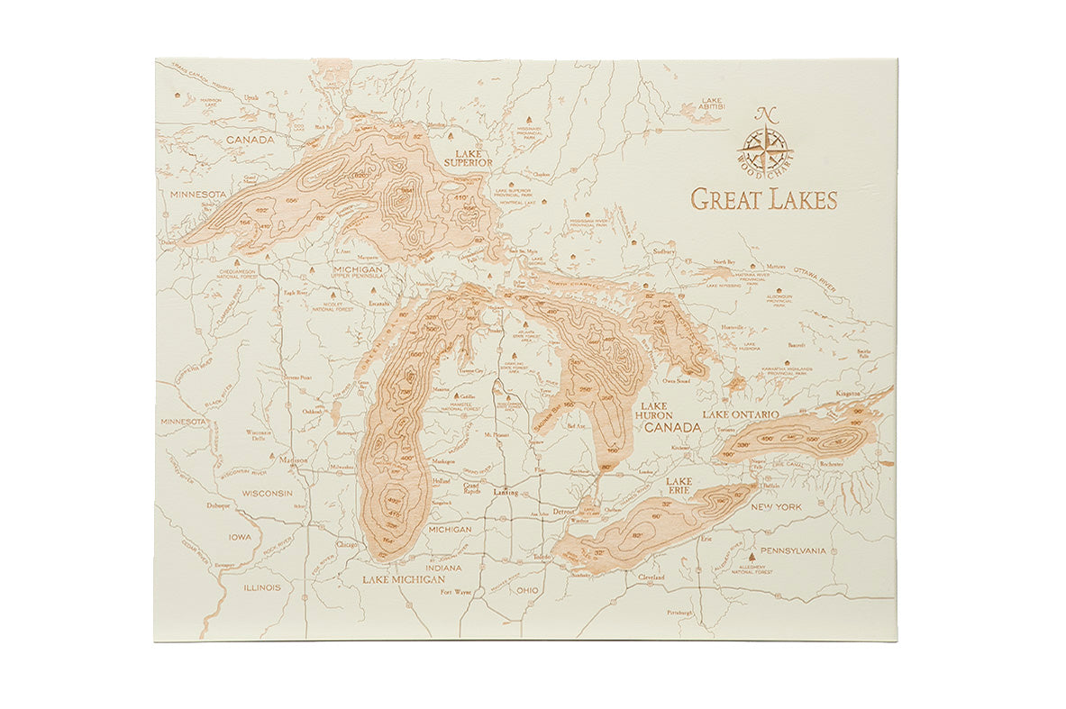 Great Lakes baltic birch wood map on white background