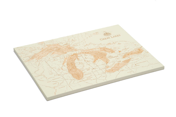 Great Lakes baltic birch wood map on white background laying flat