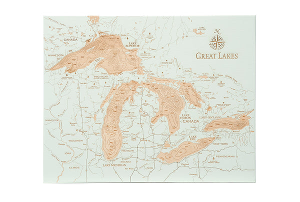 Great Lakes baltic birch wood map on white background laying flat