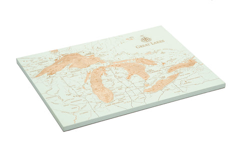 Great Lakes baltic birch wood map on white background laying flat