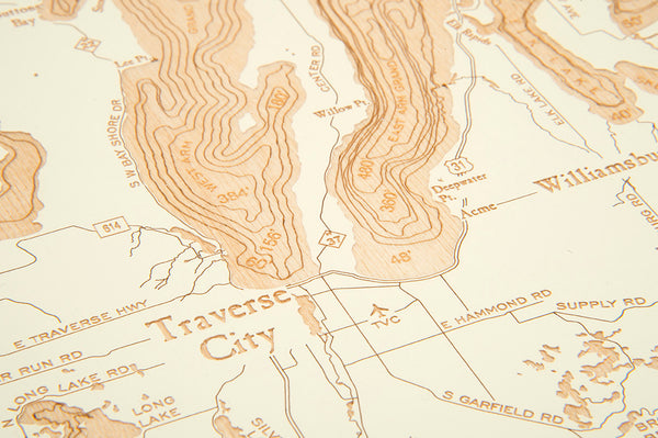 Topography Details of Lower Northwest Michigan Map "Fire & Birch" Series in Antique White