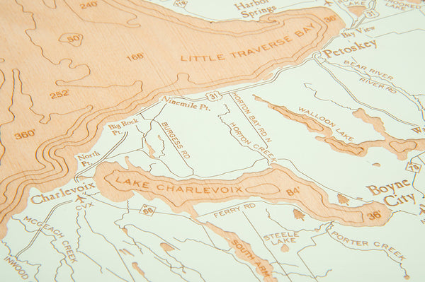 Topography Details on Lower Northwest Michigan Map "Fire & Birch" Series in Seaglass