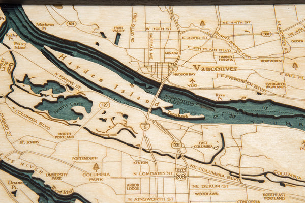 Topographic Details of Portland, Oregon Map 3-D Nautical Wood Chart