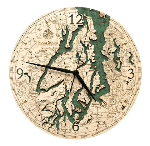 Wood Engraved Puget Sound Map Clock