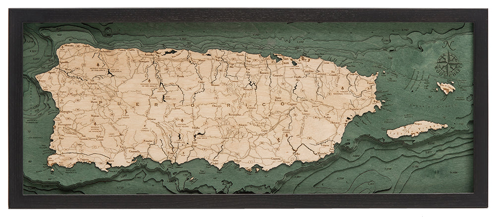 Island of Puerto Rico Map 3-D Nautical Wood Chart