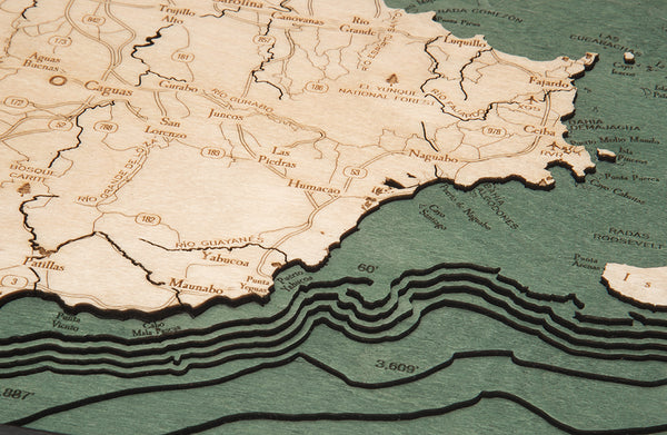 Topography Details of Island of Puerto Rico Map 3-D Nautical Wood Chart