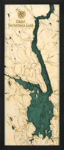 Great Sacandaga Lake wood chart map made using green and natural colored wood on black background