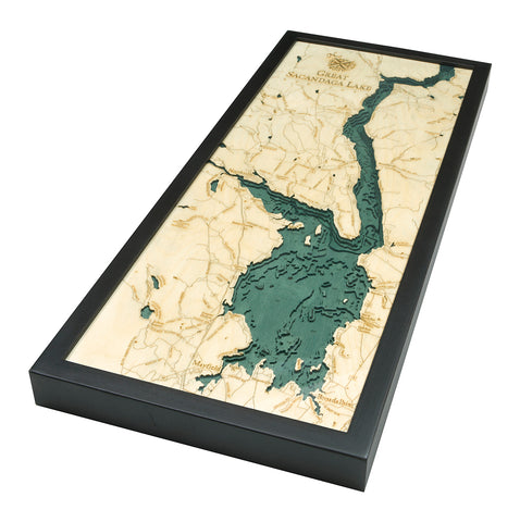 Great Sacandaga Lake wood chart map made using green and natural colored wood on white background laying flat