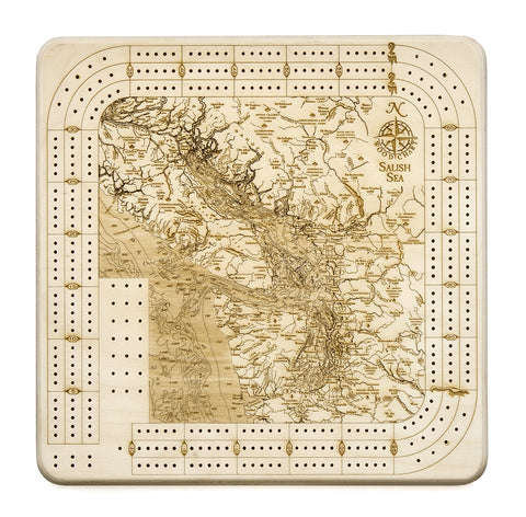 Salish Sea Map Wood Cribbage Board