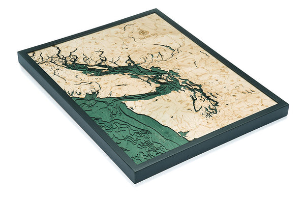 Map of Salish Sea, Washington 3-D Nautical Wood Chart in Dark Frame