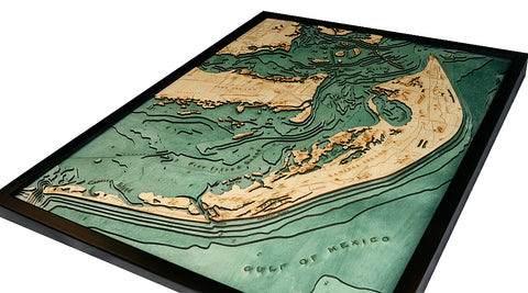 Map of Sanibel Island, Florida 3-D Nautical Wood Chart in Dark Frame