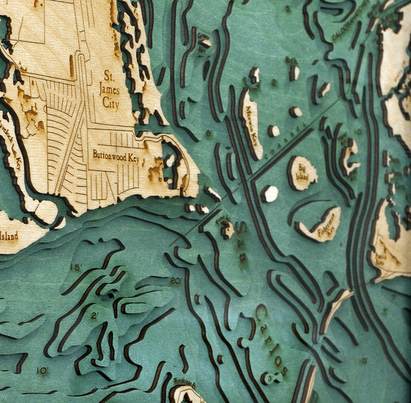 Topography Details on Map of Sanibel Island, Florida 3-D Nautical Wood Chart
