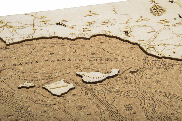 Wood Cut Details of Santa Barbara / Channel Islands Cork Map