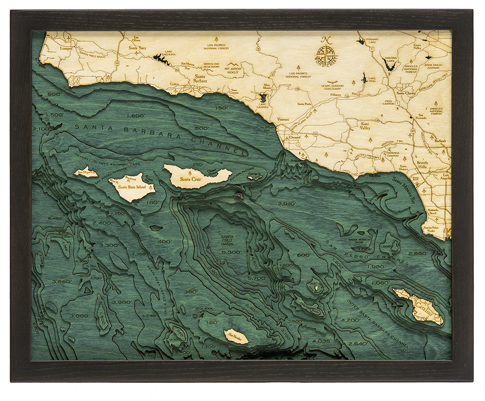 Map of Santa Barbara Islands 3-D Nautical Wood Chart