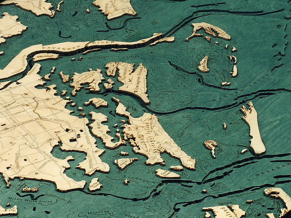 Topography Details on Map of Savannah, Georgia 3-D Nautical Wood Chart